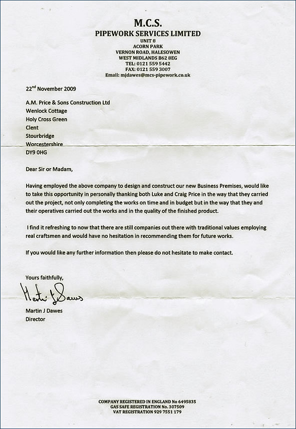 Testimonial - A.M.Price And Sons Ltd